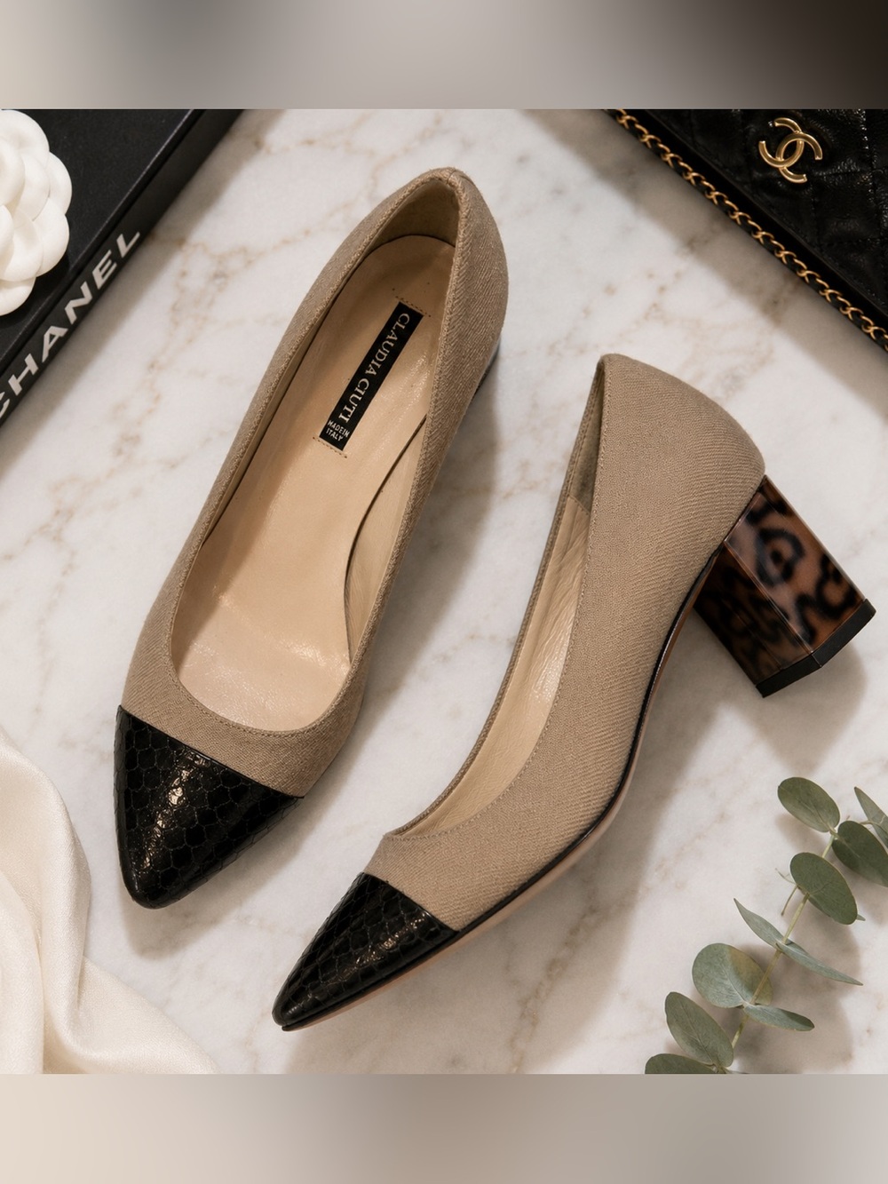 Claudia Ciuti Italy Taupe Cap Toe Block Heel Pumps Size 6 Made in Italy